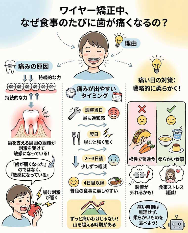 ワイヤー矯正中はなぜ食事のたびに歯が痛くなるのですか？の図解
