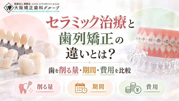 セラミック治療と歯列矯正の違いとは？歯を削る量・期間・費用を比較