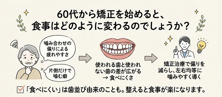 60代から矯正を始めると、食事はどのように変わるのでしょうか？の図解