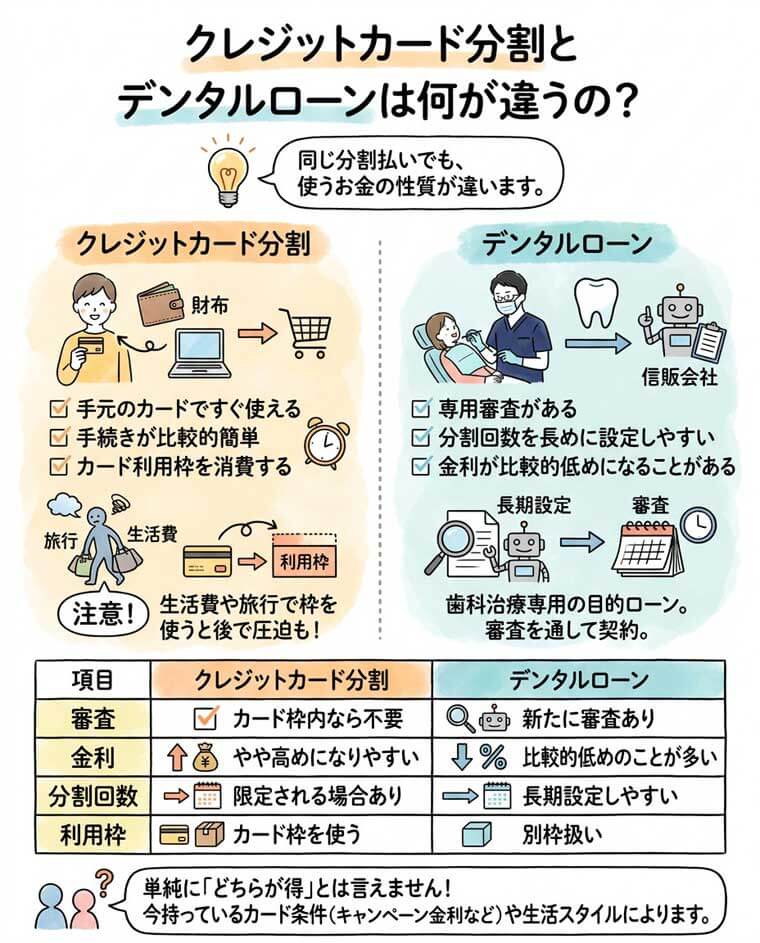 クレジットカード分割とデンタルローンは何が違うの？の図解