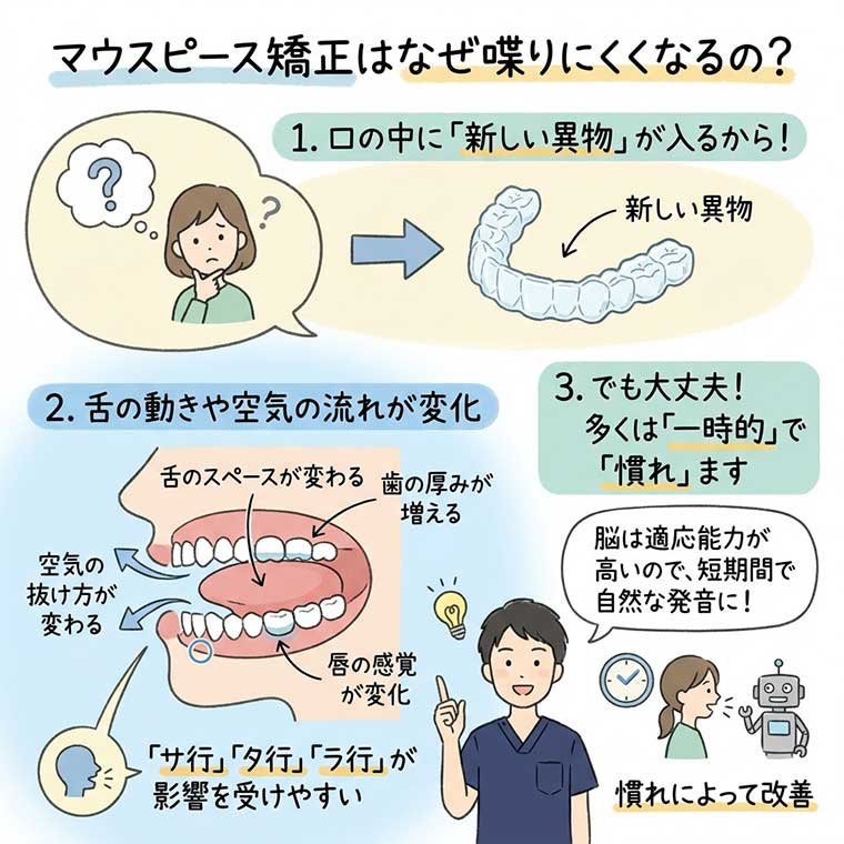 マウスピース矯正はなぜ喋りにくくなるの？の図解