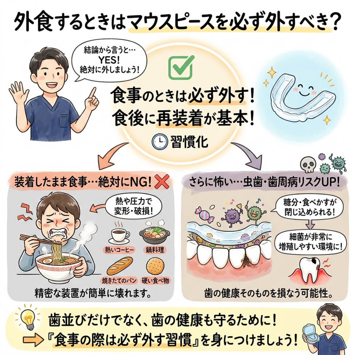 外食するときはマウスピースを必ず外すべき？の図解