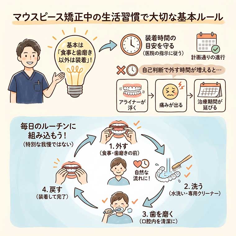 マウスピース矯正中の生活習慣で大切な基本ルールの図解