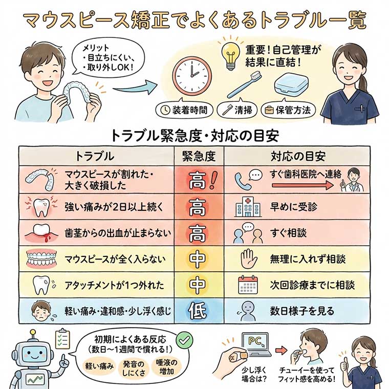 マウスピース矯正でよくあるトラブル一覧の図解