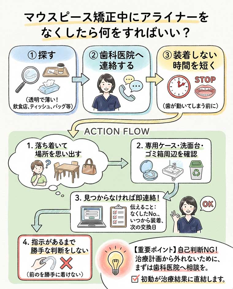 マウスピース矯正中にアライナーをなくしたら何をすればいい？の図解