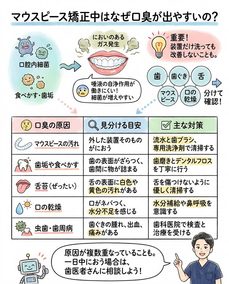 マウスピース矯正中はなぜ口臭が出やすいの？の図解