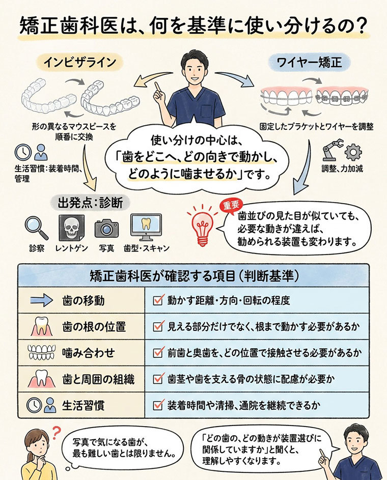 矯正歯科医は、何を基準にインビザラインとワイヤー矯正を使い分けるの？の図解