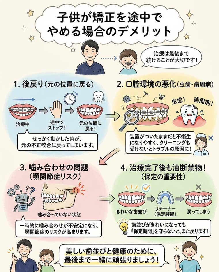 子供が矯正を途中でやめる場合のデメリットの図解