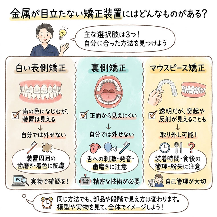 金属が目立たない矯正装置にはどんなものがある？の図解