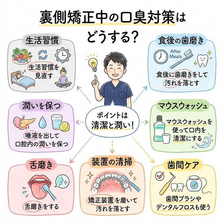 裏側矯正治療中の口臭対策とは？の図解