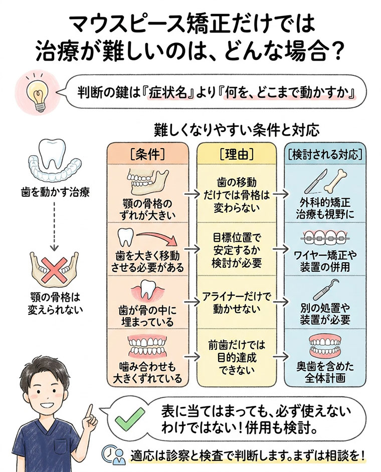 マウスピース矯正だけでは難しいのは、どんな場合？の図解