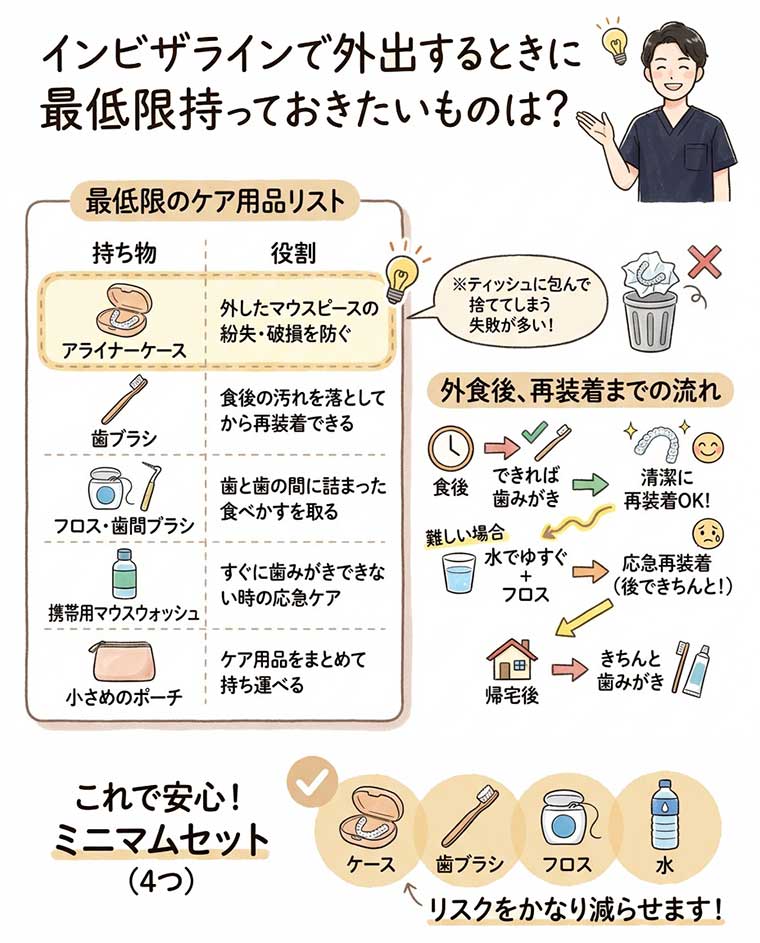 インビザラインで外出するときに最低限持っておきたいものは？の図解